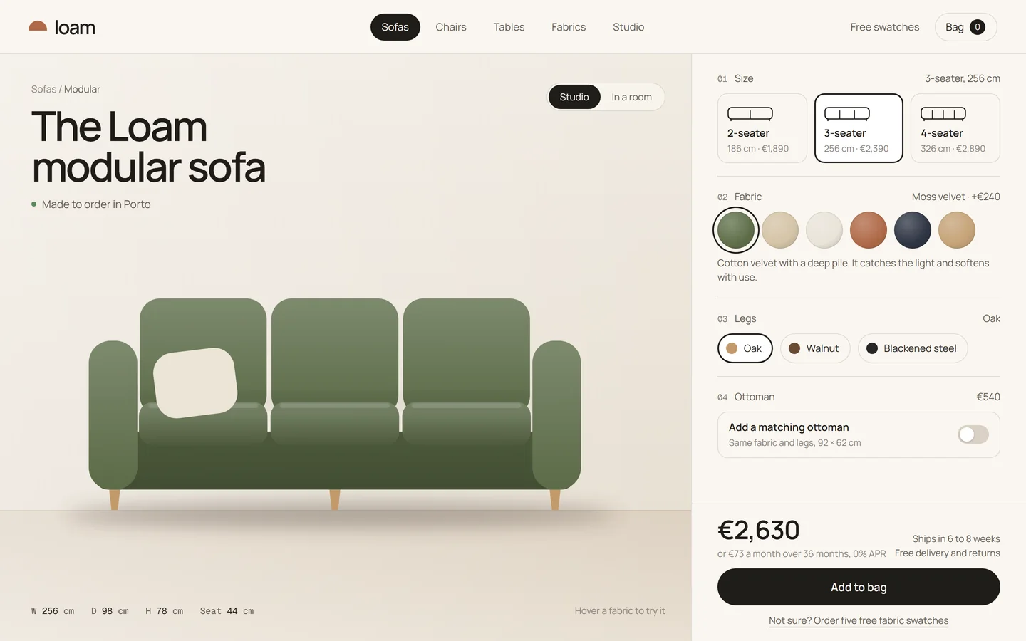 Loam, an example furniture store: a sofa configurator with a moss green three-seater on the left and size, fabric, leg and ottoman options with a live price on the right