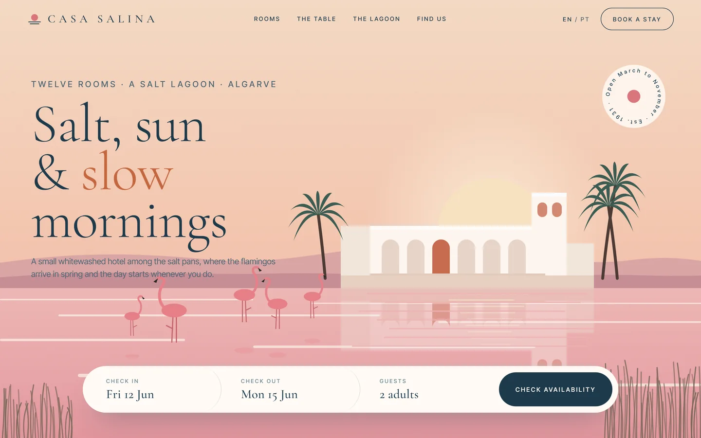 Casa Salina, an example hotel site: a flat poster illustration of a whitewashed hotel on a pink salt lagoon with flamingos, under the headline Salt, sun and slow mornings, with a booking bar for dates and guests